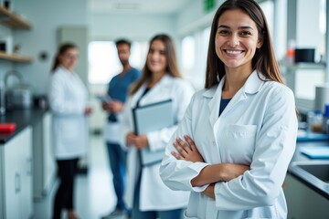A Group of Diverse Laboratory Scientists Collaborating in a Modern Research Facility, Highlighting Innovation, Teamwork, and the Pursuit of Scientific Knowledge