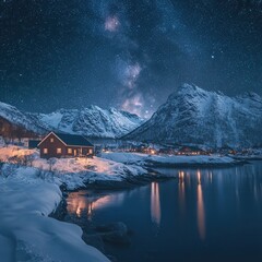 a Norwegian winter night, where the stars illuminate the snowy mountain range, creating a tranquil and otherworldly atmosphere.