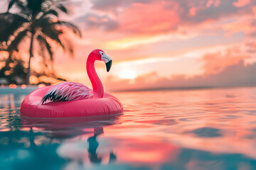 Fototapeta premium Flamingo Float in Calm Water at Sunset with Palm Tree