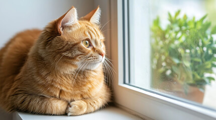 tranquil cat sitting lazily in sunlight by window, observing nature