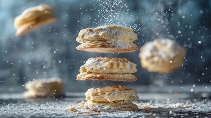 Flaky pastries levitate with powdered sugar, creating a whimsical food photography scene.