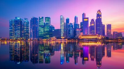 Obraz premium Stunning Skyline of Singapore City at Sunset Reflection in Water
