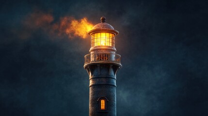 Illuminated lighthouse tower against dark sky with glowing beacon effect