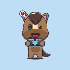 horse mascot cartoon character vector illustration with camera