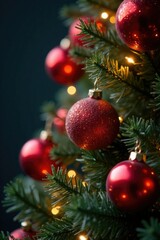 Iridescent red beads decorate a festive holiday tree, sparkling, joyful, colorful