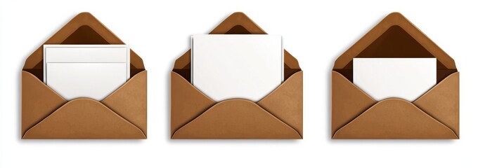 Brown envelopes with blank cards, white background, mailing concept