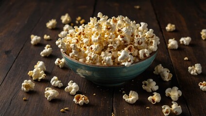 Popcorn scattered on a wooden table