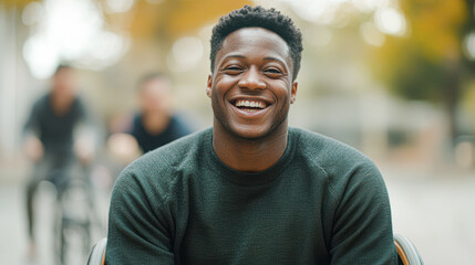 Fototapeta premium Joyful man laughing urban park candid photography outdoor close-up perspective