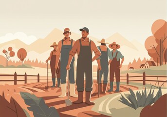 Group of farmers working together in a picturesque rural landscape