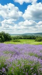 Obraz premium Lavender field blooming under a sunny sky with fluffy clouds and a distant green landscape in the afternoon light