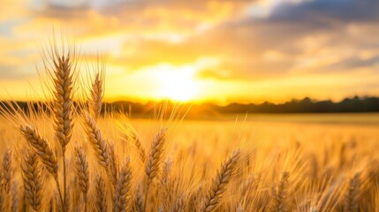 Obraz premium Golden Wheat Field Sunset - Ripe wheat stalks in a field at sunset, bathed in warm golden light. Beautiful agricultural scene