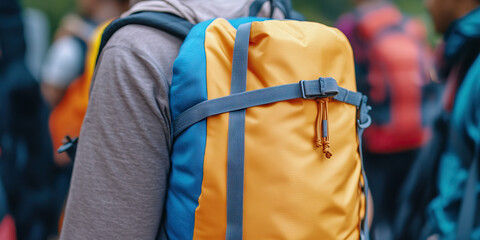 Obraz premium Close-up of a Yellow and Blue Backpack with Gray Straps