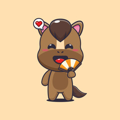 horse mascot cartoon character vector illustration with hand fan