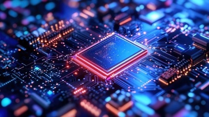 A close-up view of a modern microchip illuminated with vibrant lights, showcasing intricate circuit designs and cutting-edge technology to convey innovation and advancement.