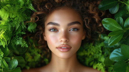 Fototapeta premium model with glowing skin surrounded by lush green foliage, exuding natural beauty