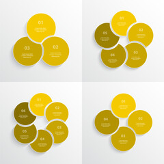 Set of yellow circle infographic elements with 3, 4, 5 and 6 options, parts, processes or steps.