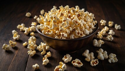 Popcorn scattered on a wooden table