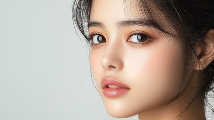 Fototapeta premium Beauty in focus model's flawless face makeup close-up studio setting captivating view of women's glamour