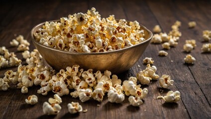 Popcorn scattered on a wooden table