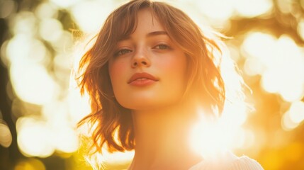 Fototapeta premium Portrait of a Beautiful Young Woman in Golden Sunlight