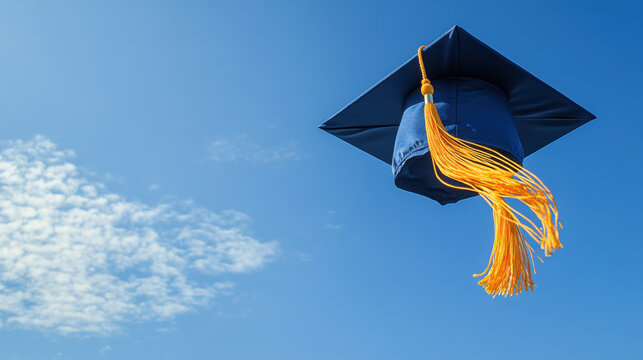 Graduation cap thrown in air against clear blue sky, symbolizing achievement and celebration