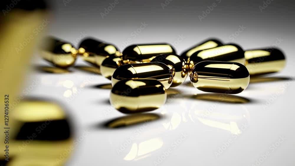 Poster Medical golden capsules rolling and bouncing on reflective white surface, creating dynamic slow motion visual sequence highlighting pharmaceutical innovation and design precision