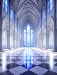Obraz premium Grand Cathedral Interior Reflecting Light Stunning Architecture - Serene cathedral, light streams, stained glass, checkerboard floor, spiritual sanctuary. Symbolizing peace, faith, beauty, grace