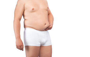 A fat man in white underwear shows fat deposits in the abdomen and thighs. The concept of not proper nutrition, sedentary lifestyle. Overweight treatment.