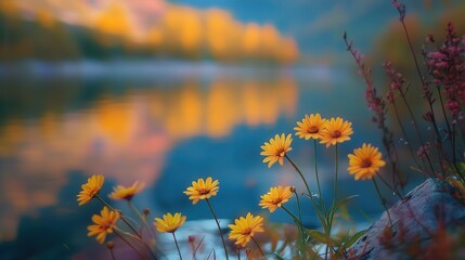 autumn daisies flourishing at the edge of a serene mountain lake, reflecting the vibrant colors of the season