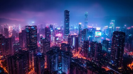 Fototapeta premium Vibrant Night Cityscape with Neon Lights and Skyscrapers