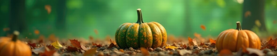 Autumnal mist surrounds green pumpkin in isolation, halloween, harvest, fall