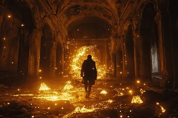 A man walks through dark, ruined structures, with glowing golden crystals scattered on the ground