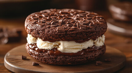 delicious gourmet ice cream sandwich with rich chocolate cookies and creamy filling
