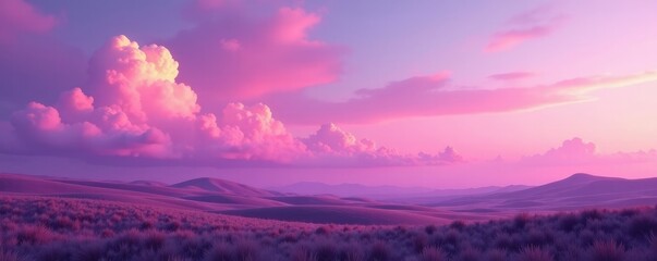 A serene landscape with a pink and purple sky, sky, cloud