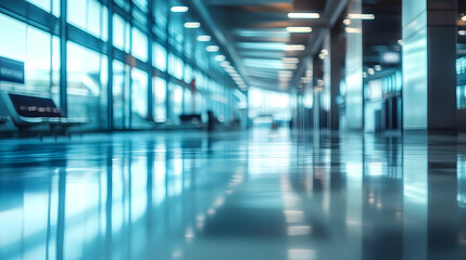 Fototapeta premium Futuristic Airport Terminal Interior with Reflections and Modern Architectural Design