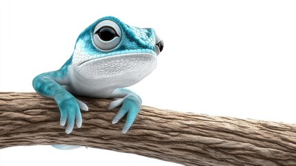 A stunning turquoise lizard elegantly perched on a branch, basking in a bright and tranquil natural environment