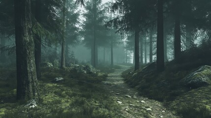 Fototapeta premium Misty Forest Path Winding Through Tall Trees