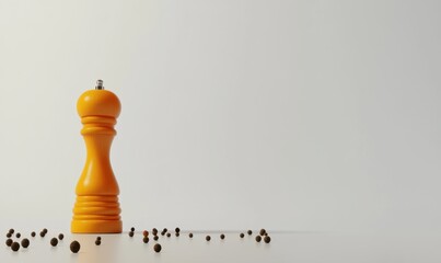 Bright orange pepper shaker standing tall on a white surface with scattered black peppercorns nearby