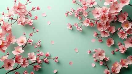 Fototapeta premium A paper cut layer of sakura cherry blossom in minimalist style, a blank space for mockup area shall be more than 50% of frame, pastel green, pink, red tone color