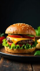 Gourmet burger, cheesy, veggie-packed, dark background, fast food, cafe food, comfort food