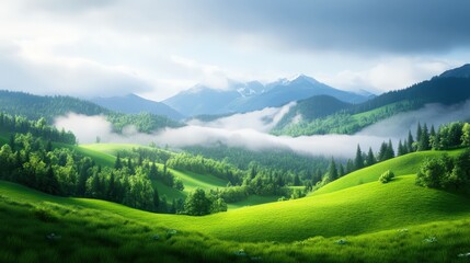 Obraz premium Breathtaking view of lush green hills surrounded by misty mountains. The landscape radiates tranquility and natural beauty, perfect for nature enthusiasts and adventure seekers.