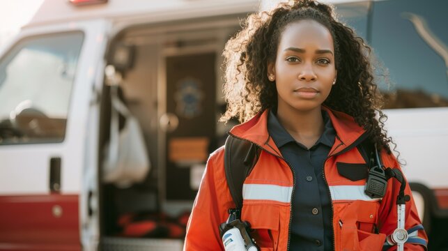 A female emergency response worker stands in front of an ambulance, dressed in a high visibility vest and holding a fire extinguisher.