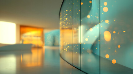 Naklejka premium Abstract Architectural Interior with Glowing Orbs and Reflected Light Design Elements