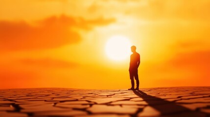 A lone figure stands against a dramatic sunset, casting a long shadow on dry, cracked earth