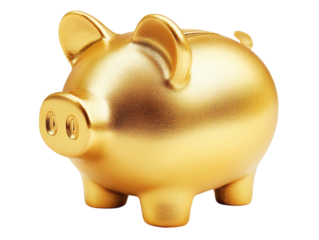 Gold piggy bank isolated on transparent background