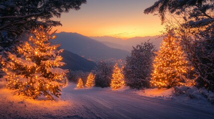 Snowy Mountain Landscape with Illuminated Christmas Trees at Dusk