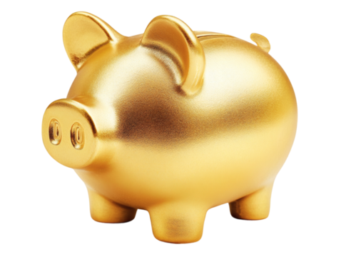 Gold piggy bank isolated on transparent background