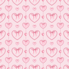Coquette hearts, bows and beads in pastel pink color. Watercolor seamless pattern of pendants hand drawn on pink for cutecore, girl style, romantic design, textile, wrapping, fabric and scrapbooking.