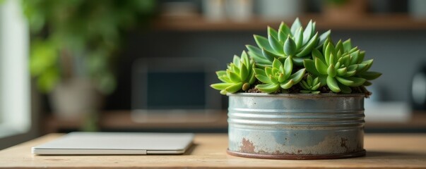 Rustic tin can succulent planter, home office desk, natural, sustainable, DIY