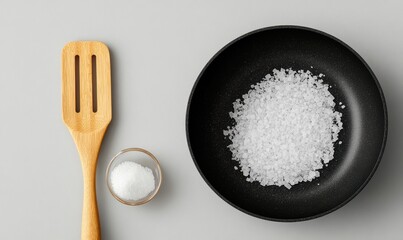 Close-up of coarse sea salt in a black bowl with a wooden spatula and fine salt in a glass